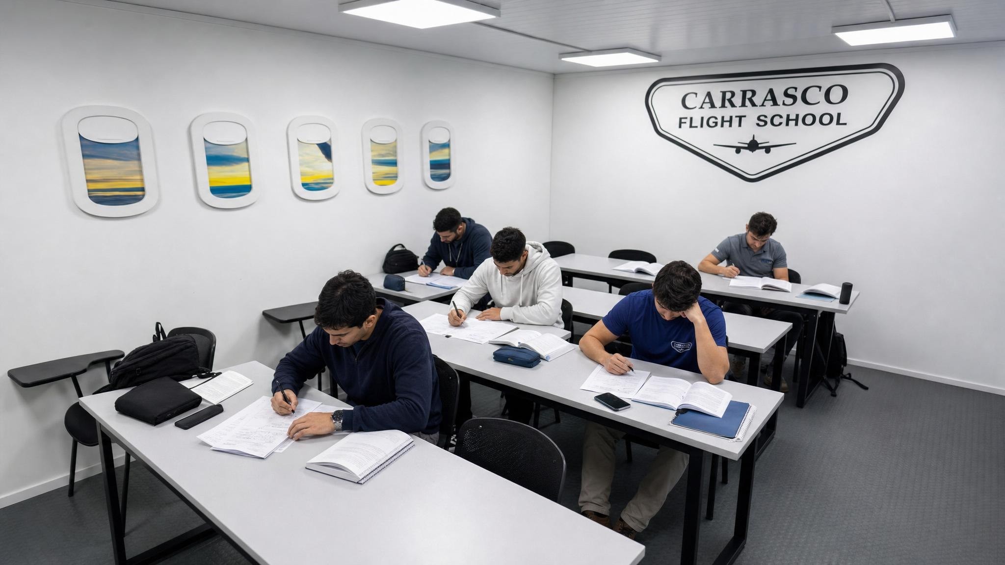 Estudiantes en clase teórica de aviación en Carrasco Flight School
