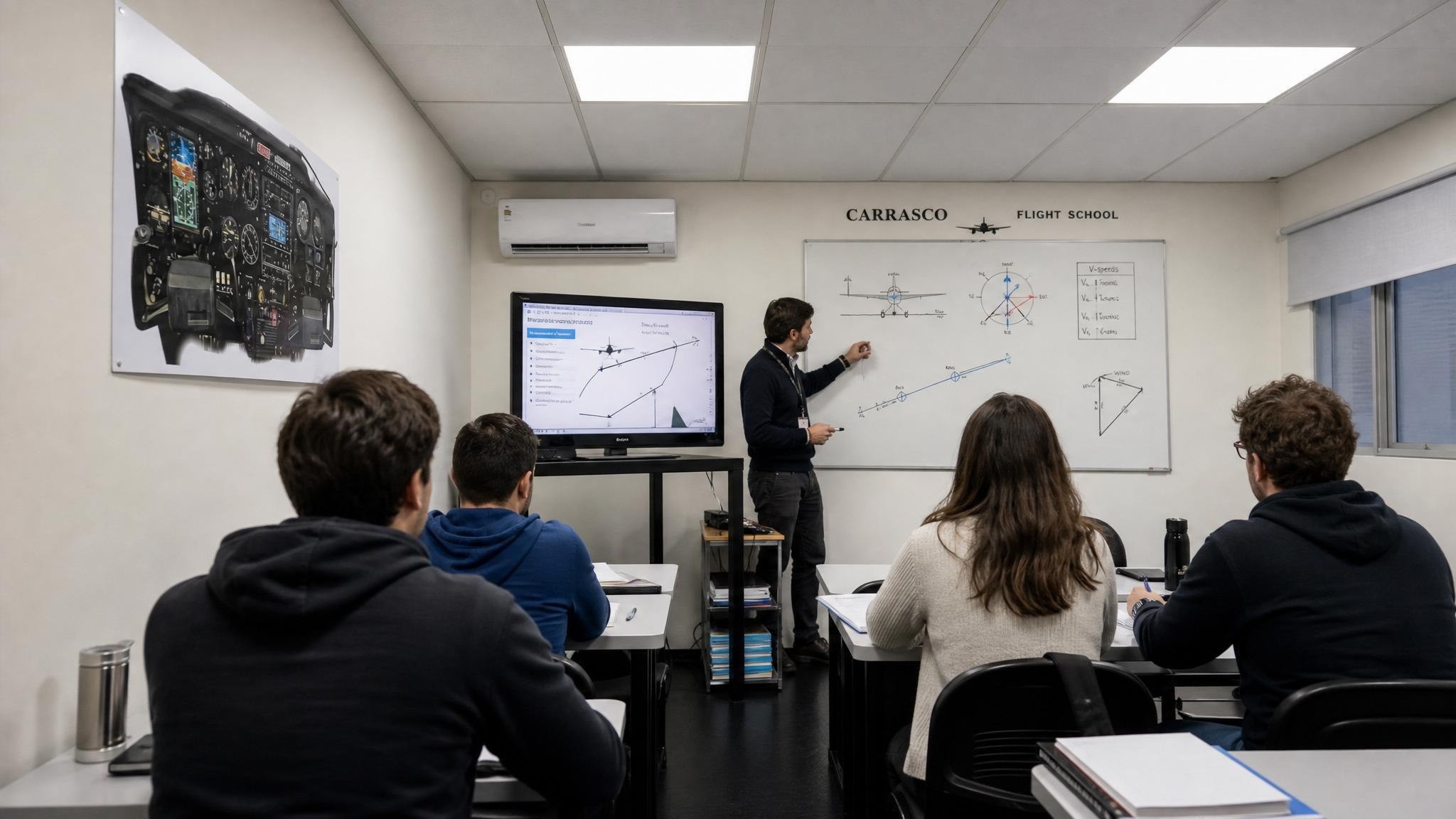 Clase teórica de aviación en Carrasco Flight School