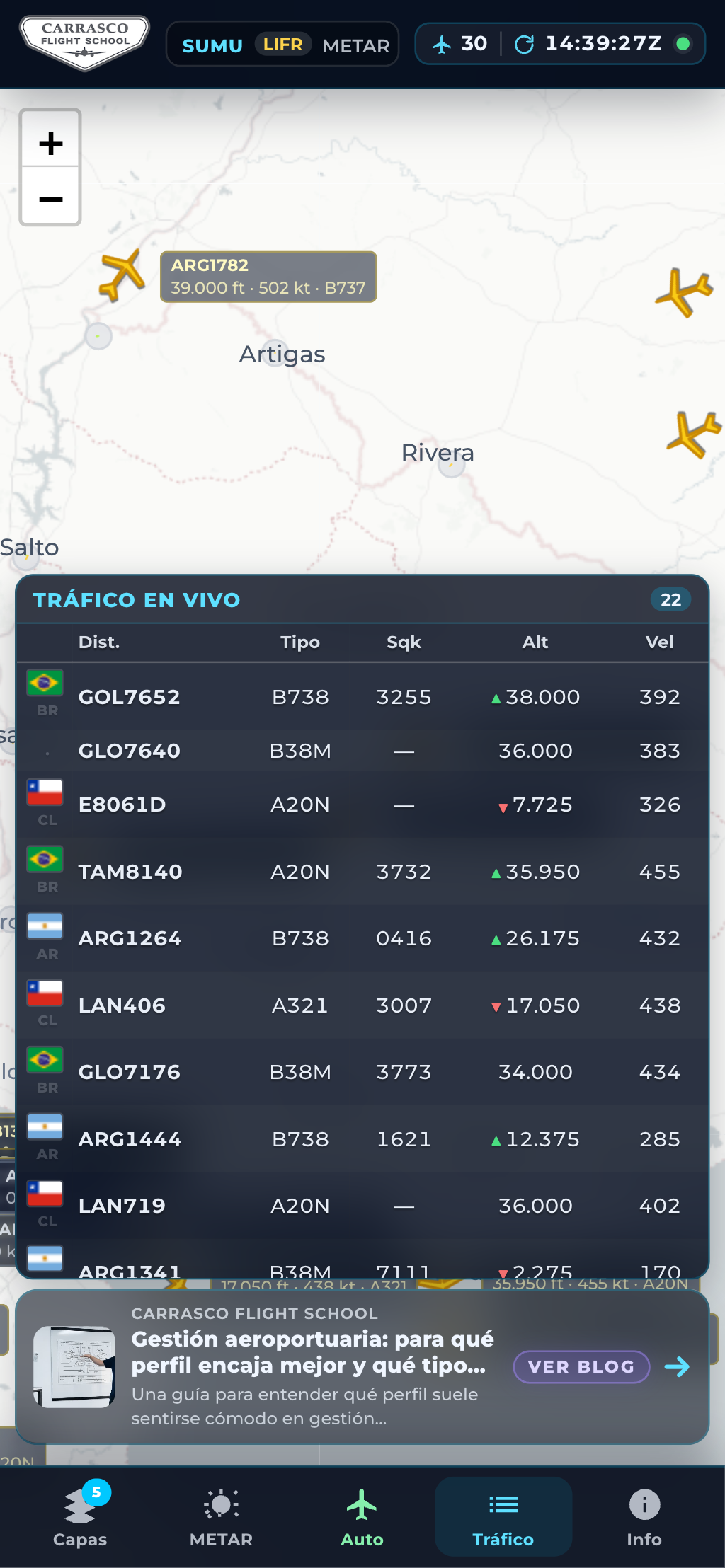Radar de vuelos en celular: lista de tráfico en vivo sobre Montevideo y Carrasco